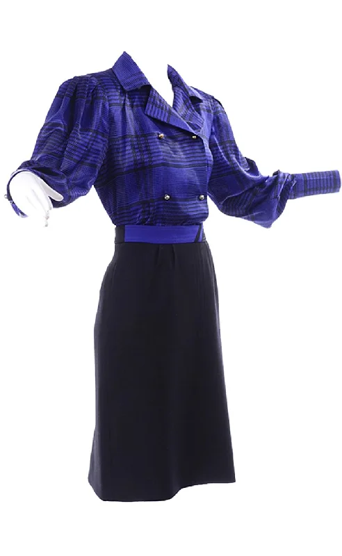 1980s Louis Feraud Vintage Blue Plaid Blouse & Black Wool Skirt