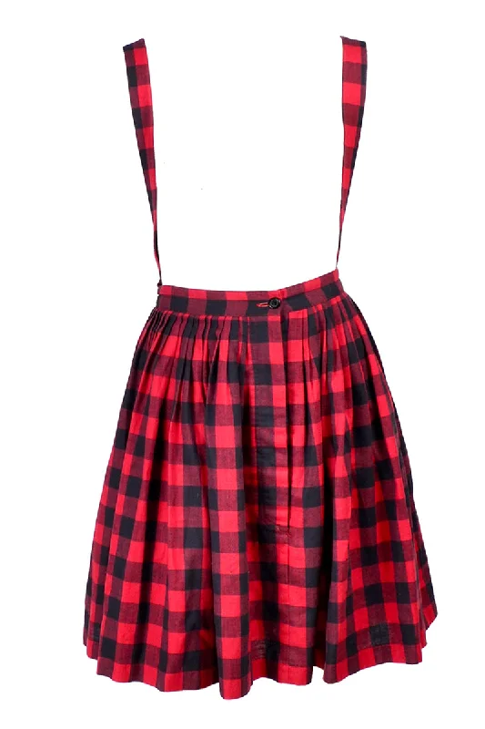 1980s Norma Kamali Red Plaid Vintage Skirt Jumper w/ Suspenders 6/8