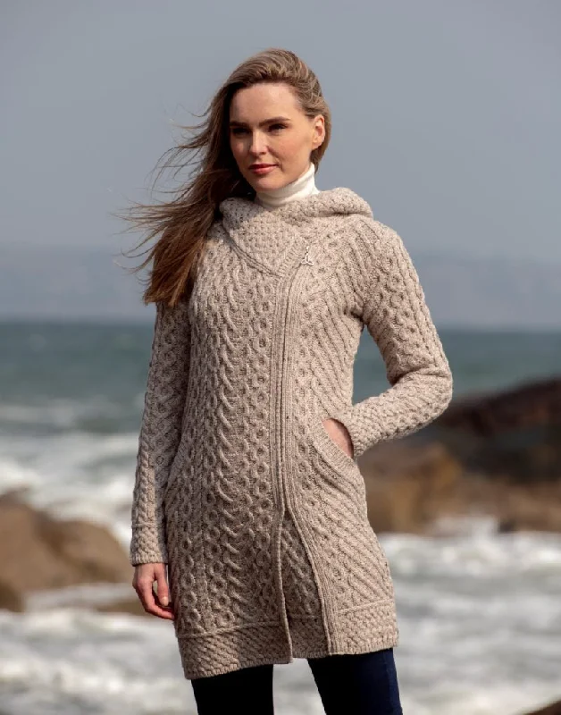 Aran Crafts Heart Design Hooded Coat | Oatmeal