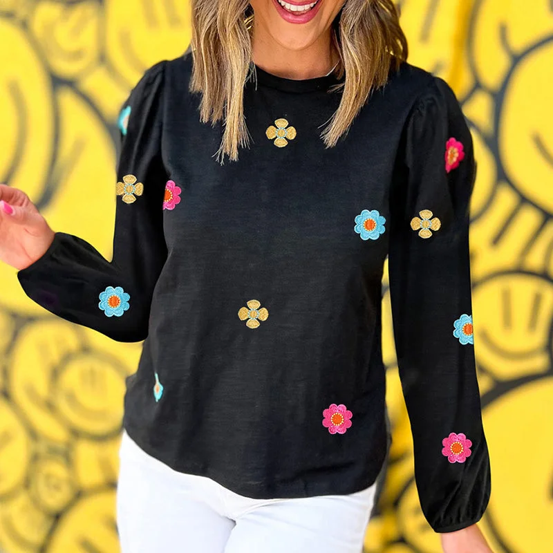 Pullover Long Sleeve Flower Embroidered Sweater