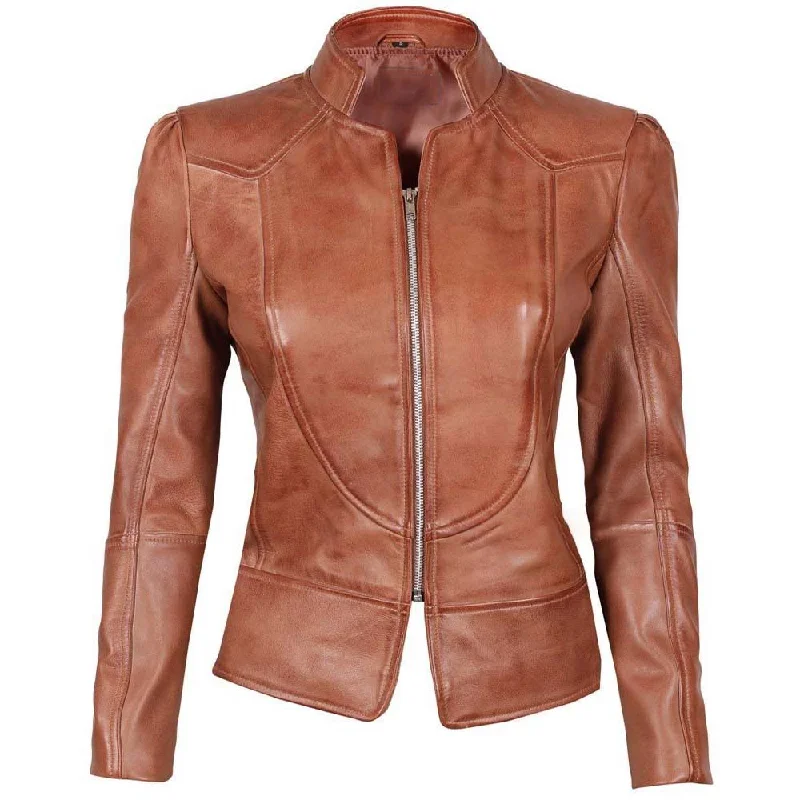 Amy Women Brown Fitted Leather Jacket