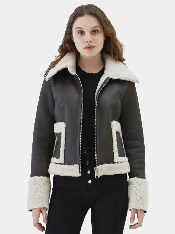 Black Borg Trim Cropped Leather Shearling Fur Collar Jacket