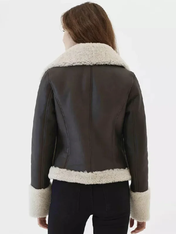 Black Borg Trim Cropped Leather Shearling Fur Collar Jacket