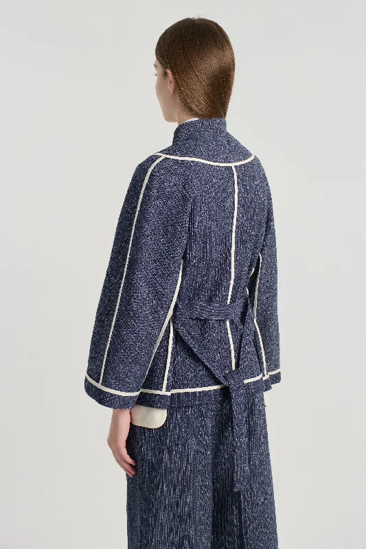 Blue textured cotton belted wide sleeve jacket