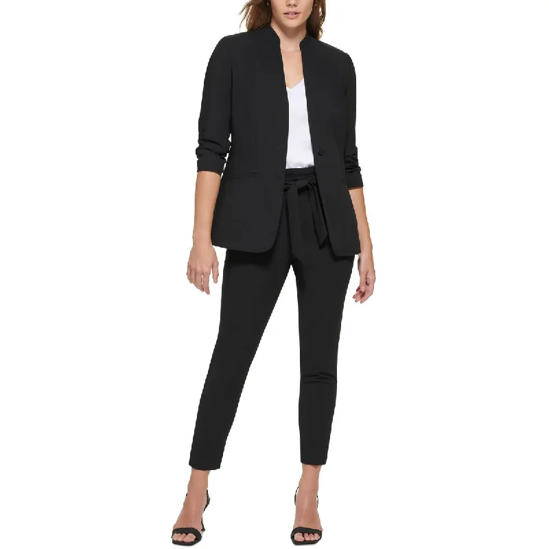 Calvin Klein Womens Petites Woven Ruched One-Button Blazer