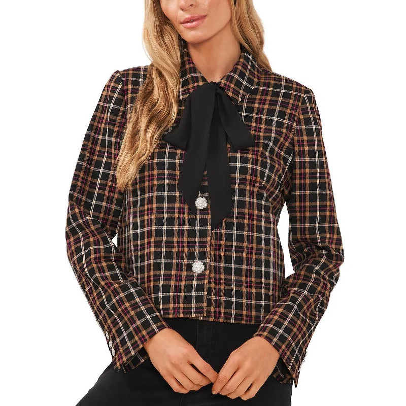 CeCe Womens Plaid Tie-Neck Suit Jacket