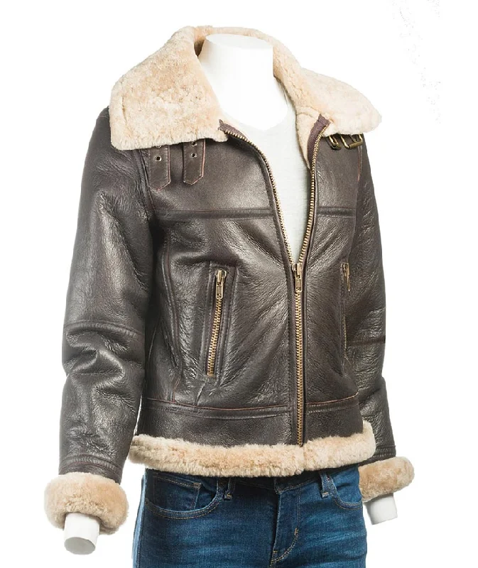 Frances Women's Dark Brown Leather Bomber Jacket with Shearling