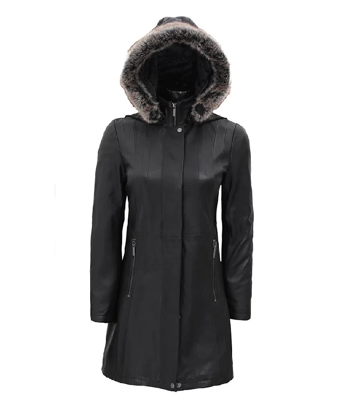 Jean Hooded Black Long Fur Collar Leather Coat Womens