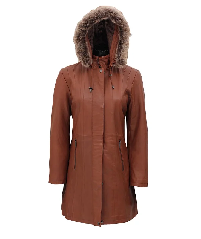 Jean Hooded Brown Long Fur Collar Leather Coat Womens