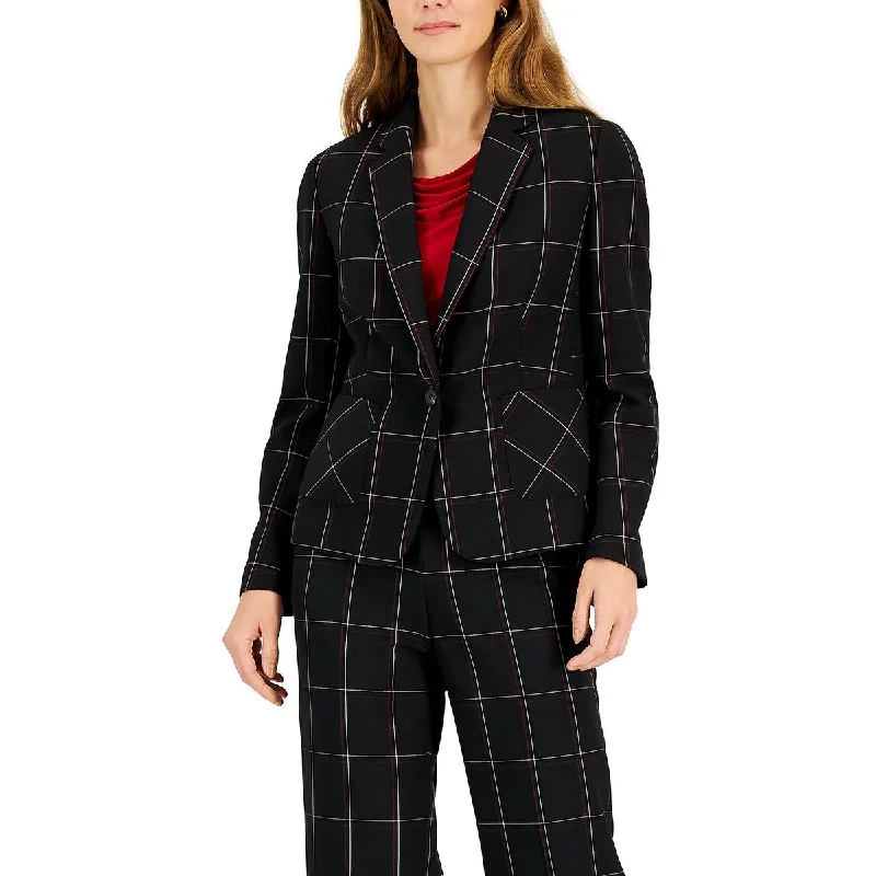 Kasper Womens Window Pane Notch Collar One-Button Blazer