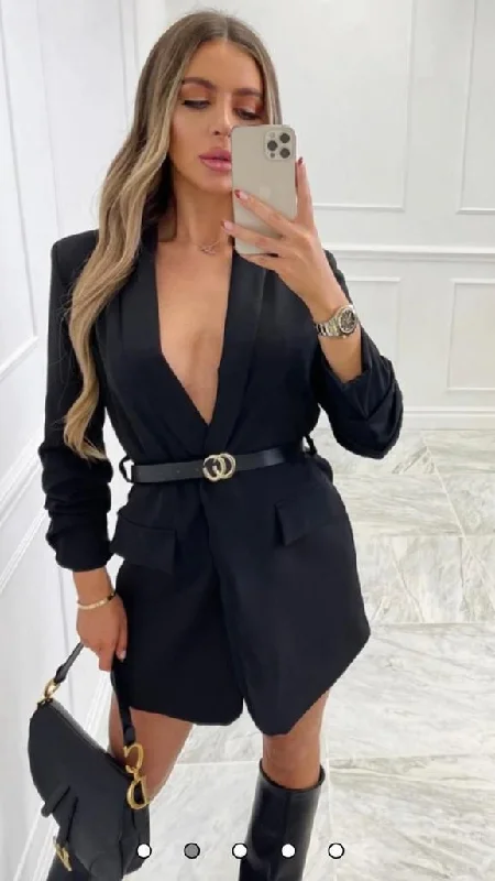 Kimi - Ruched Sleeve Belted Blazer Dress BLK