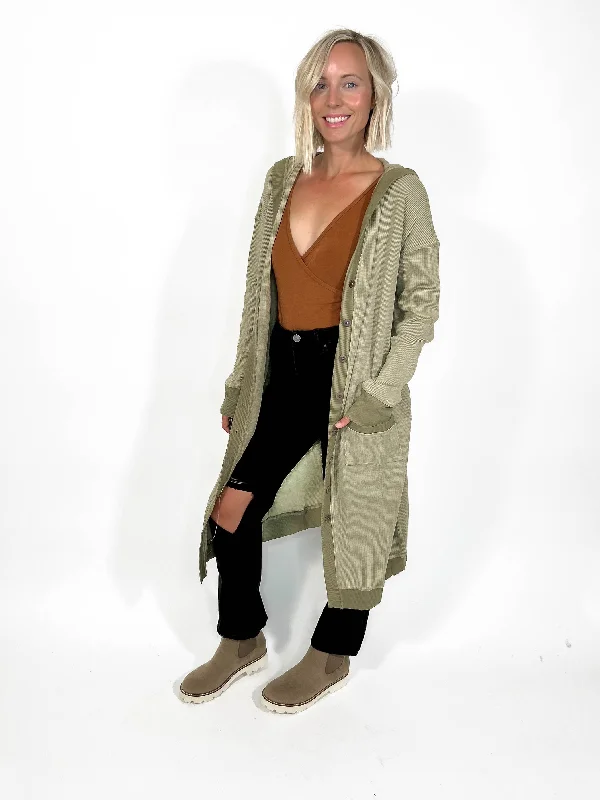 Kourtney Waffle Hoodie Cardigan- VINTAGE OLIVE