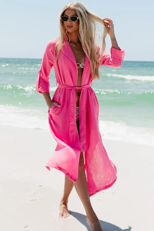 Live Colorfully Tie-Waist Linen Trench Coat (Hot Pink)