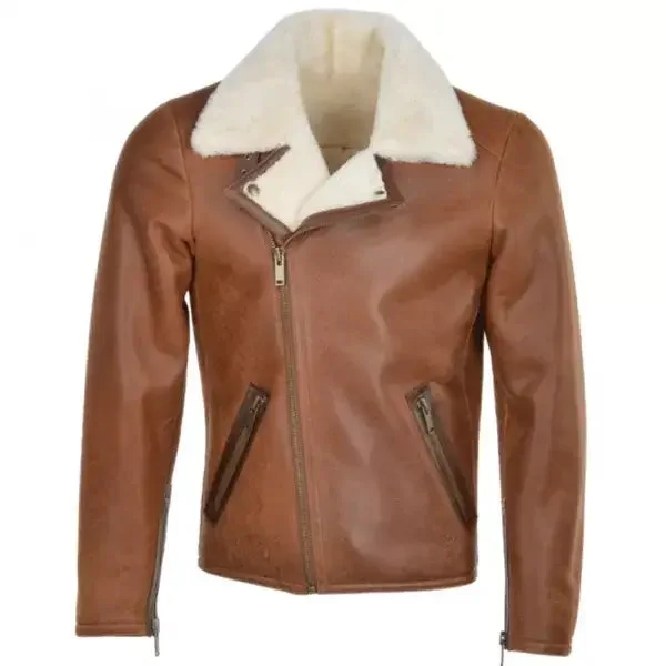 Men’s Tan Side Zip Biker Sheepskin Pilot Jacket