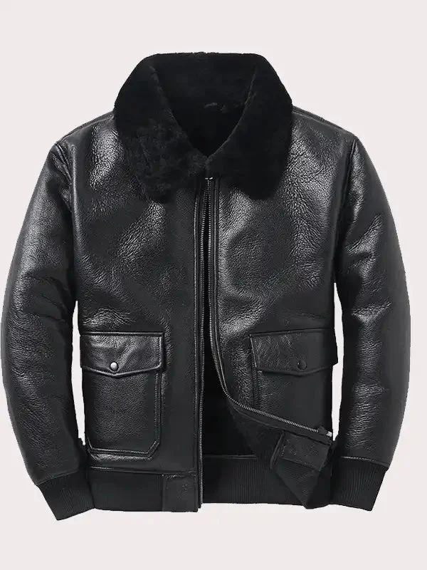 Mens Black Aviator Shearling Sheepskin Bomber Jacket