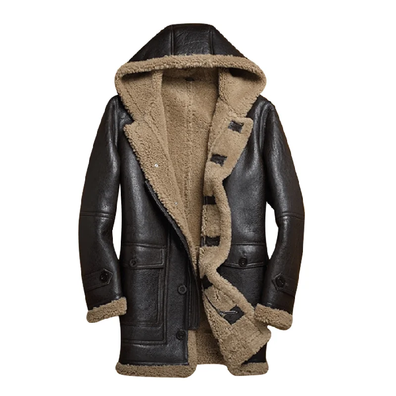 Men's Bomber Jacket: Men's Black Shearling Sheepskin Leather Jacket With Hood