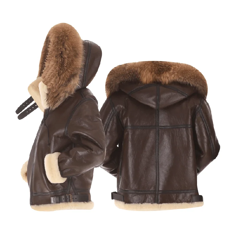 Men's Brown Shearling Hat Bomber Fur Leather Jacket