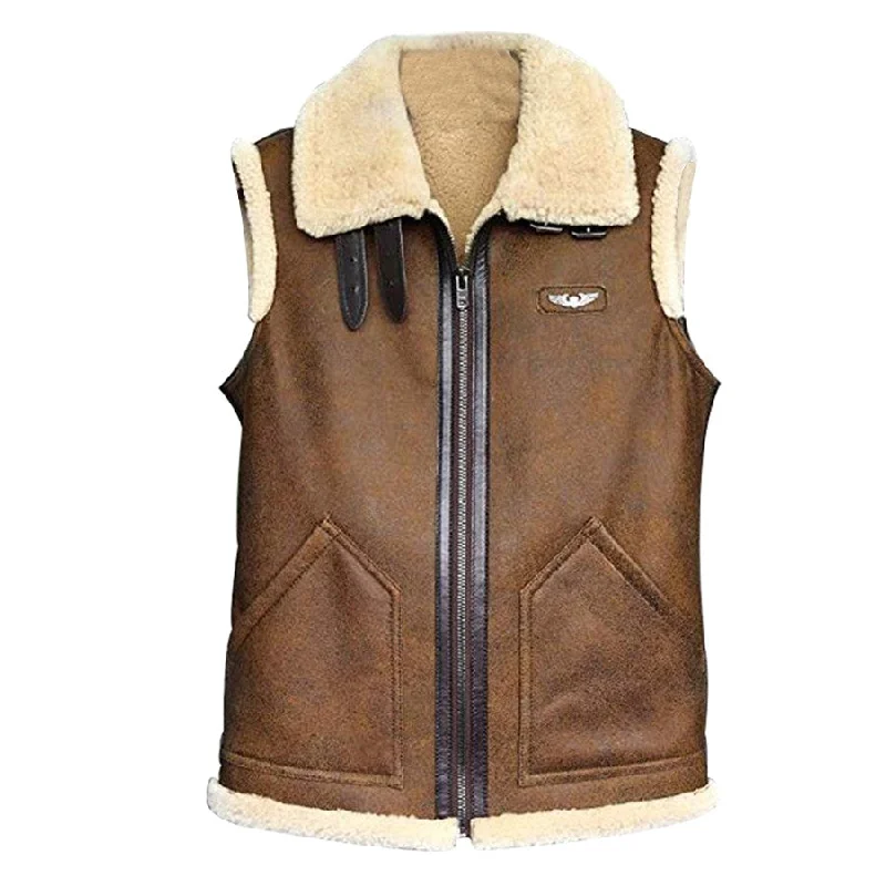 Men's Brown Shearling Sheepskin Leather Bomber Vest