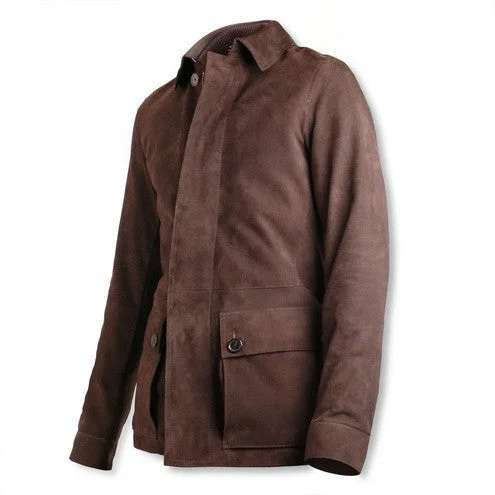 Men's Slim Fit Brown Suede Single-Breasted Leather Coat