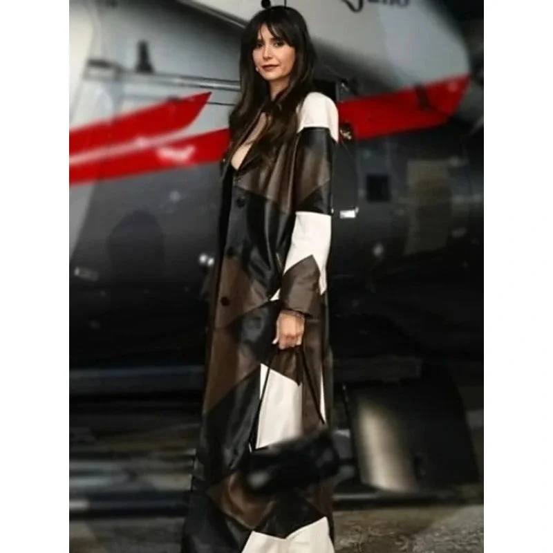 Nina Dobrev Patchwork Trench Leather Coat