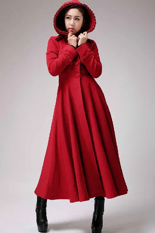 Red long  fit and flare hooded wool coat  0702#