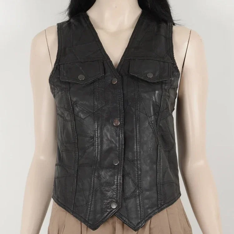 Vintage 90s Women Black Leather Vest