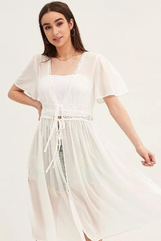 White Short Sleeve Eyelet Tie Front Kimono