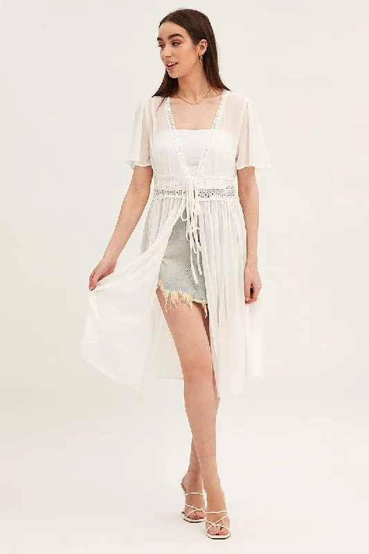 White Short Sleeve Eyelet Tie Front Kimono