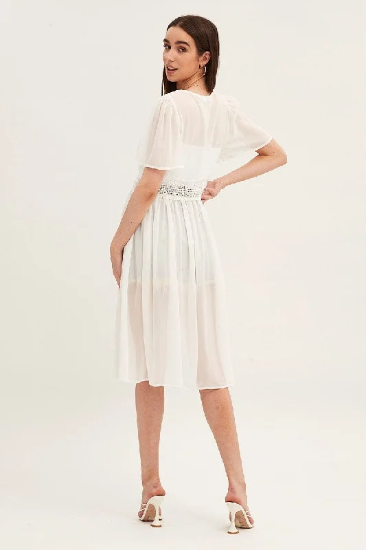 White Short Sleeve Eyelet Tie Front Kimono