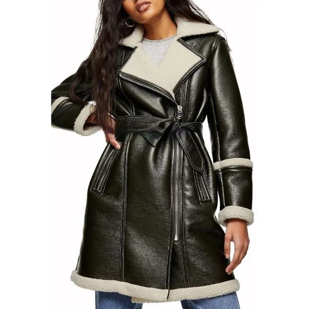 Women Genuine Leather Shearling Lined Coat in Black