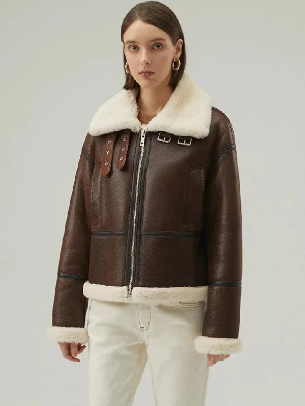 Women’s Chocolate Brown Leather Shearling Aviator Jacket