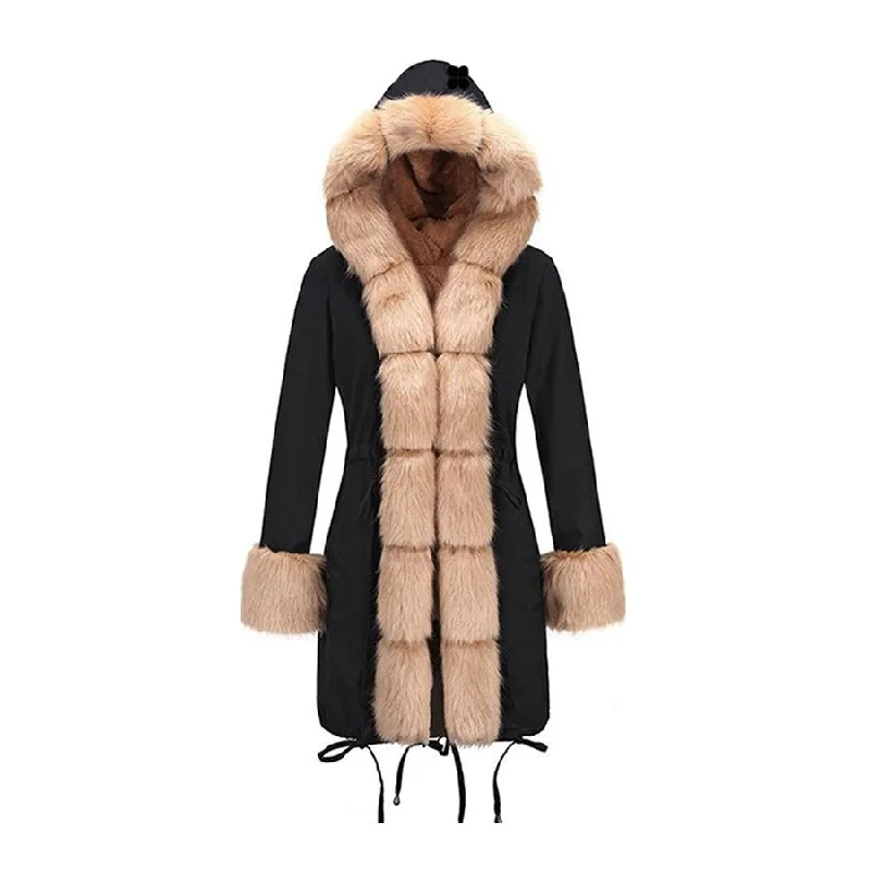 Women's Black Big Fur Hooded Cotton Coat