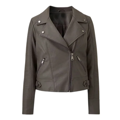 Women's Mid Grey Curve Biker Leather Jacket