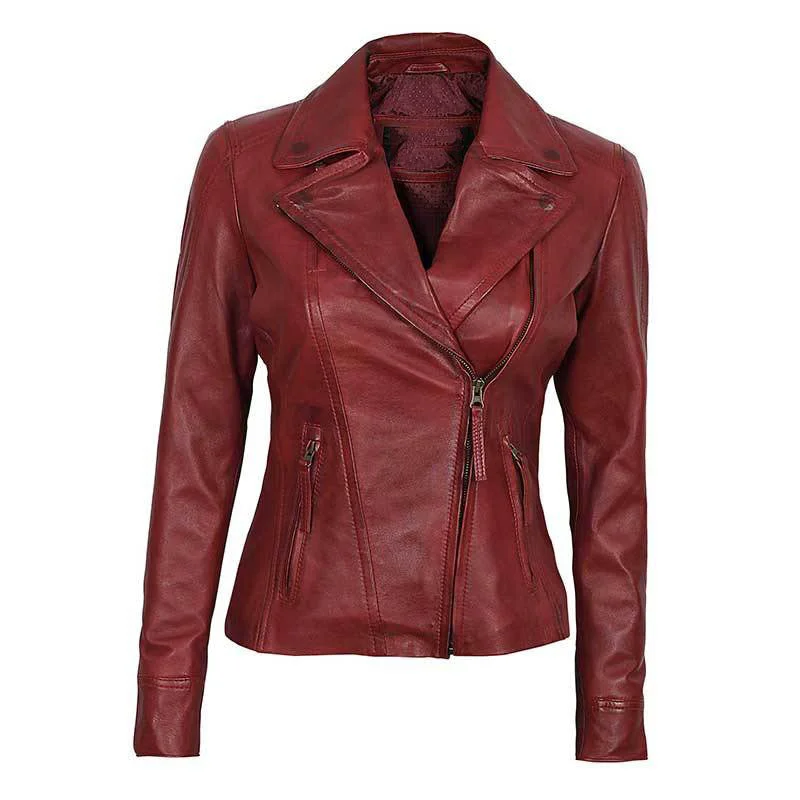 Women's Victoria Maroon Leather Biker Jacket