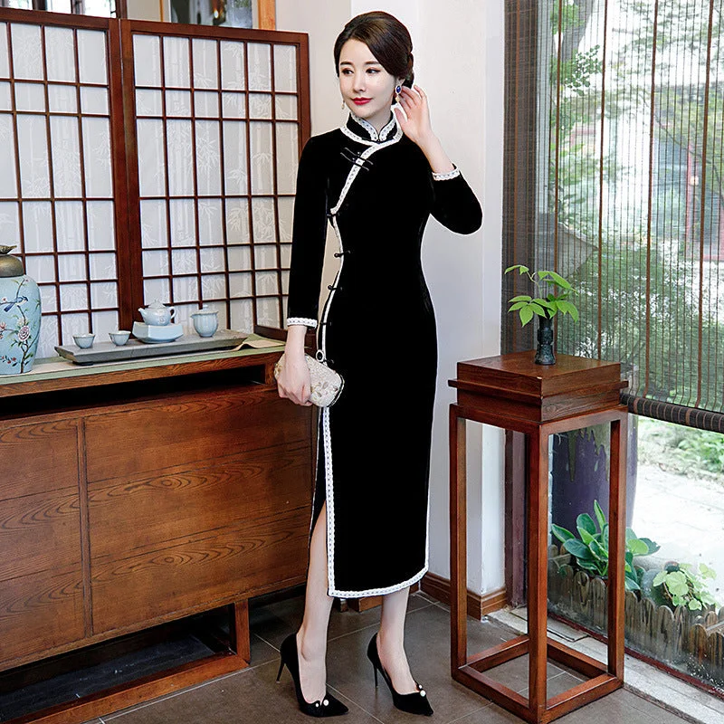 3/4 Sleeve Mandarin Collar Velvet Cheongsam Mother Dress