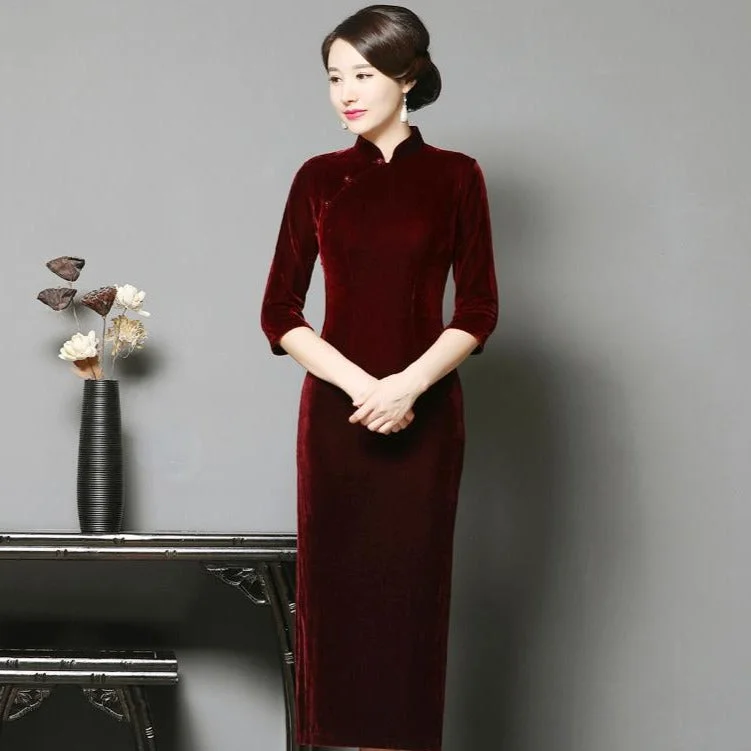 3/4 Sleeve Tea Length Velvet Cheongsam Qipao Dress