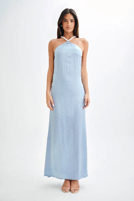 Blanche Satin Pearl Halter Maxi Dress - Cornflower Blue