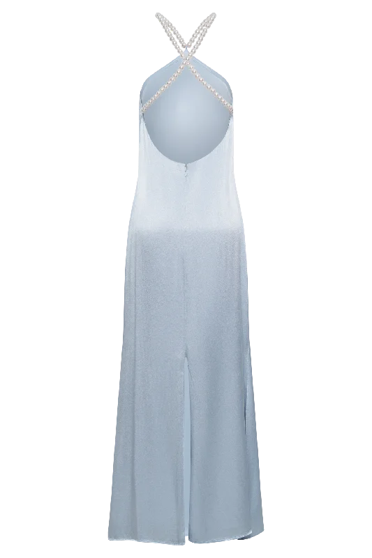 Blanche Satin Pearl Halter Maxi Dress - Cornflower Blue