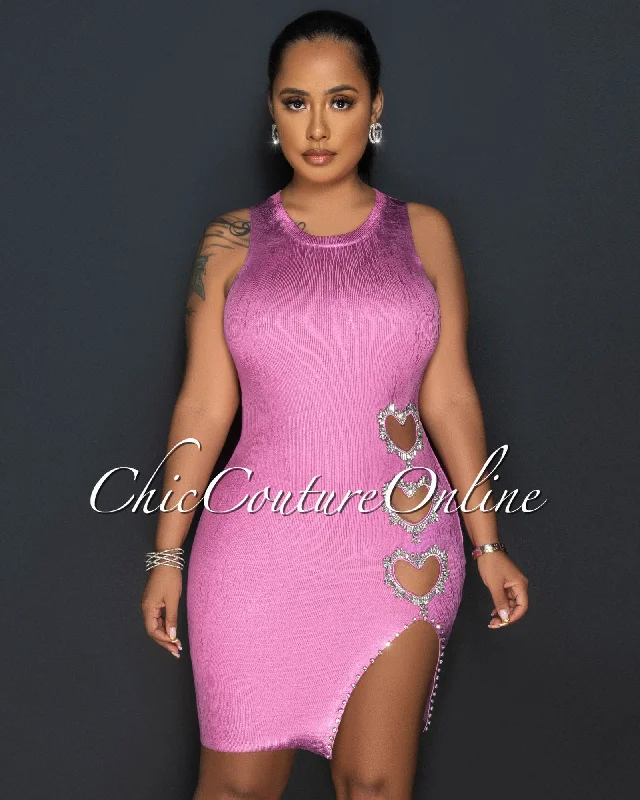 Hassana Pink Shimmer Rhinestones Hearts Mini Dress