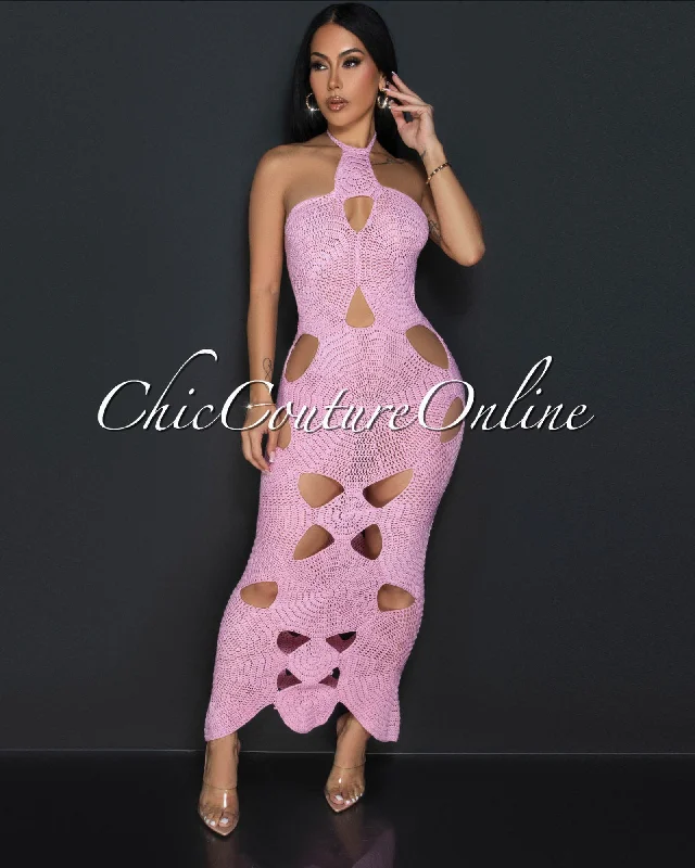 Isadore Pink Crochet Cut-Out Halter Midi Dress