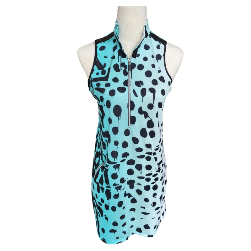 Jamie Sadock 1/4 Zip Teal Spotted Ink Drip Sleeveless Dress Size S