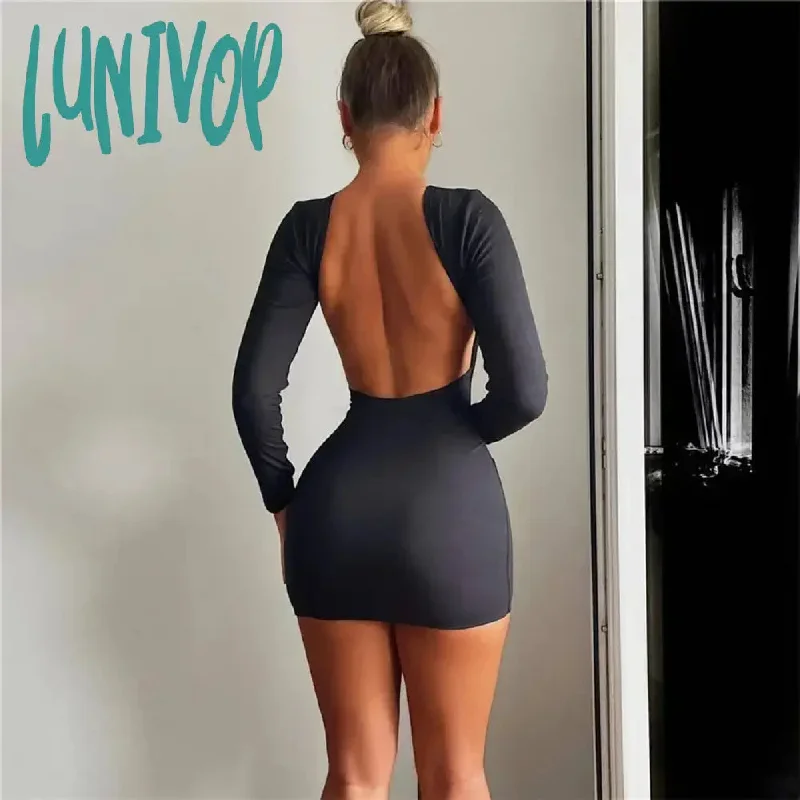 Lunivop Autumn Fashion Sexy Open Back Solid Slinky Mini Dress Club Party Outfits Long Sleeve Round Neck Bodycon Dresses Summer Dress