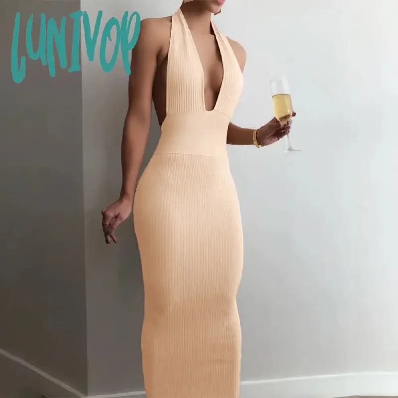 Lunivop Women's Dress Solid Color Ribbed Knit Striped Halter Mid-length Dress Halter Stitching Tight Sexy Party Elegant Club Summer Club