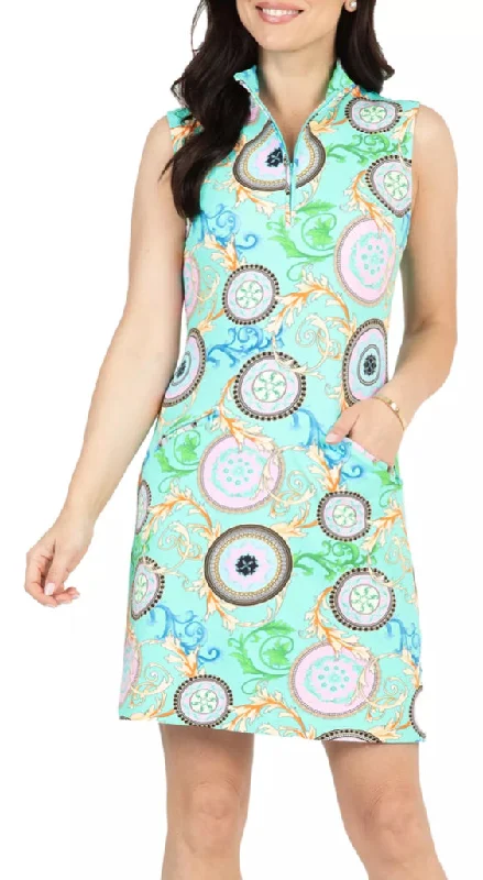 New Ibkul Debbie Print Jade Mock-Neck Sleeveless Dress Size S MSP$128