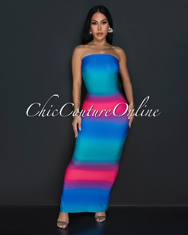 Ozlem Fuchsia Blue Ruched Tube Maxi Dress