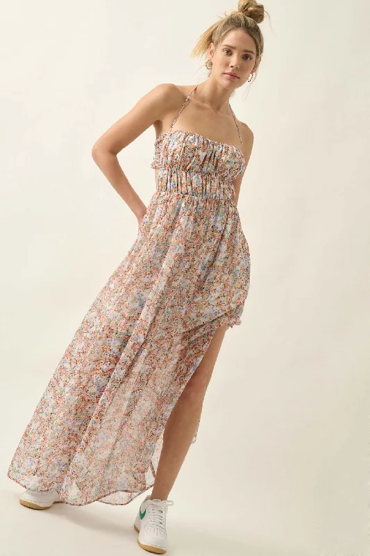 Painted Paradise Floral Chiffon Halter Maxi Dress