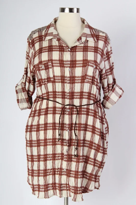 Plaid Button Up Dress - Rust