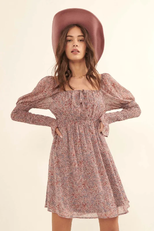 Poetic Plumes Floral Juliet-Sleeve Mini Dress