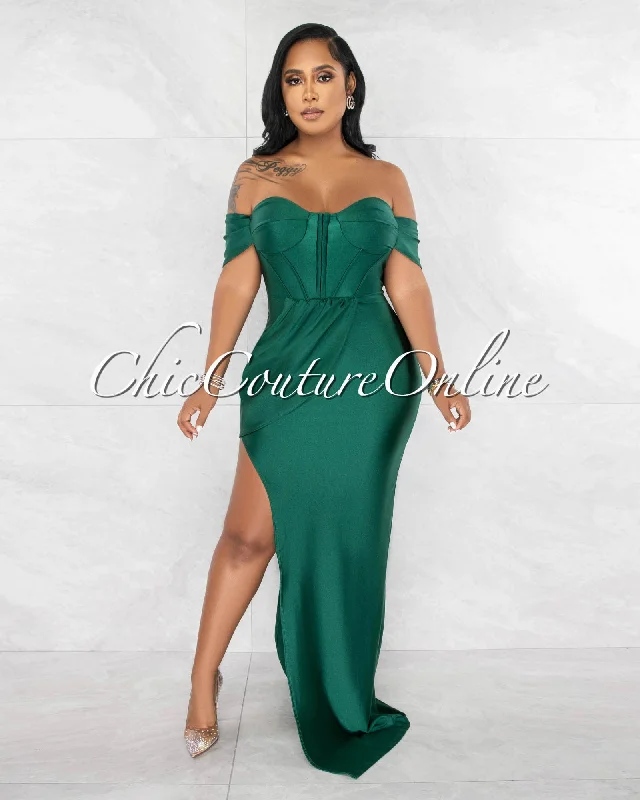 Raisa Hunter Green Corset Style Draped High Slit Maxi Dress