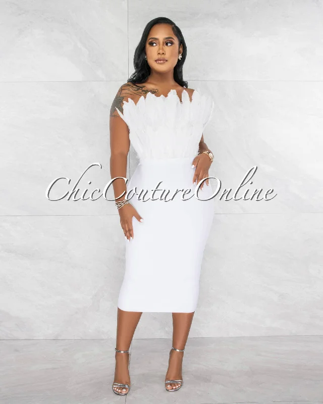 Tempest Off-White Feather Neckline Midi Bandage Dress